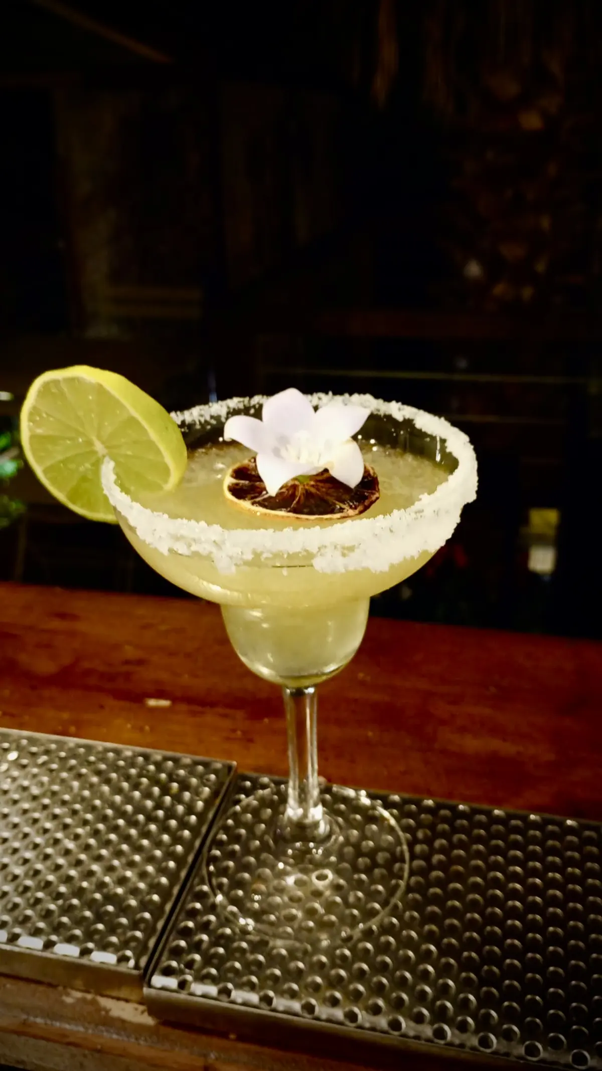 Un margarita con il bordo di sale, lime e un fiore, sul bancone di Botanico