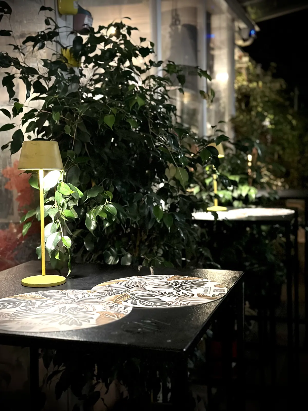 Un tavolo nella serra di Botanico, tra le piante e una lampada gialla
